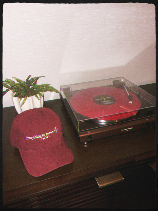 Maroon red cap with text on a turntable with a red vinyl record, next to a small potted plant.
